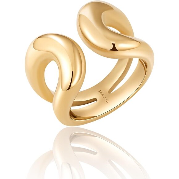 Women's Bands Ring 14K Real Gold Plated Open Statement Double Layer High Polish - Picture 1 of 6